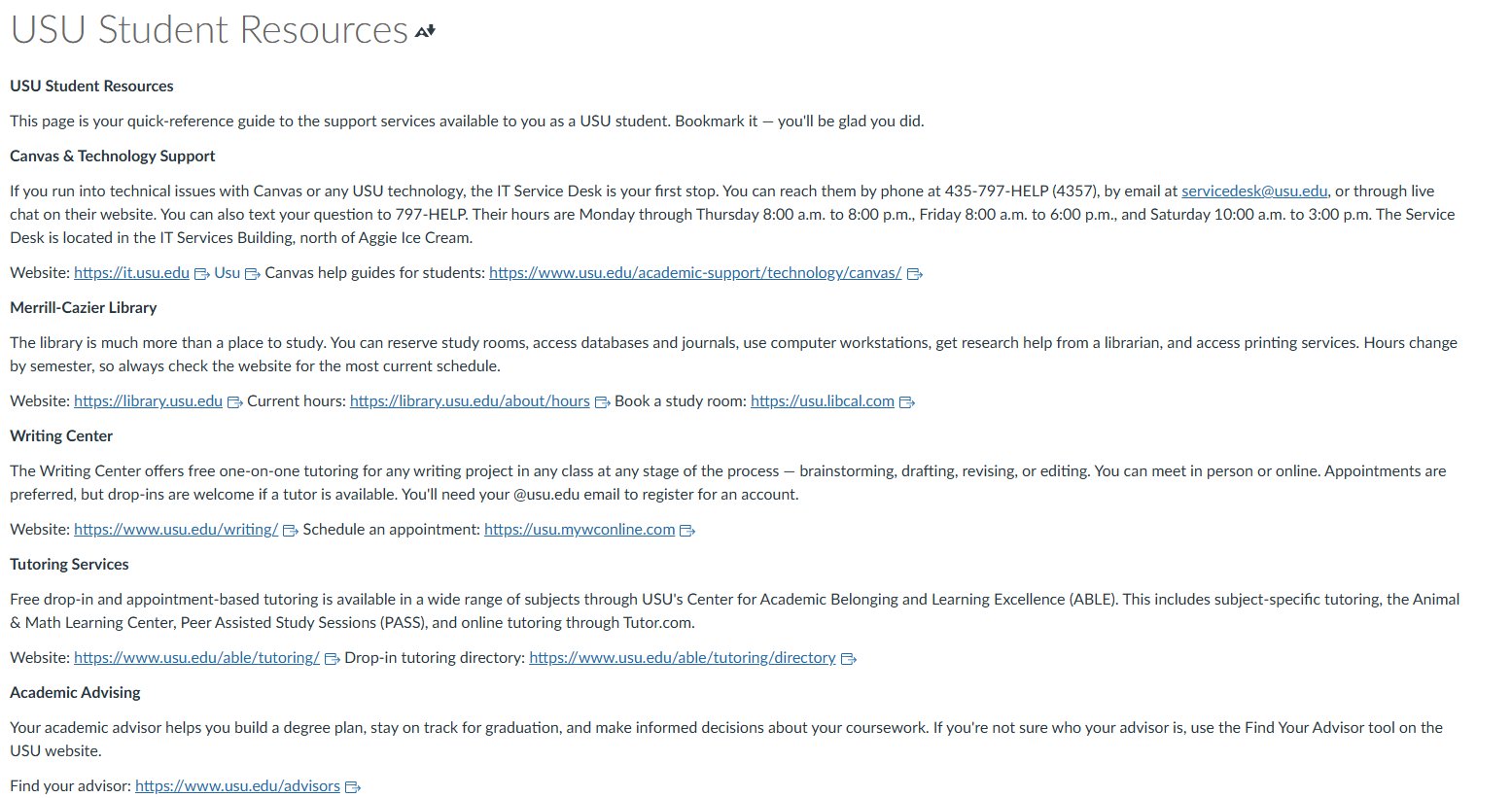 USU Student Resources page